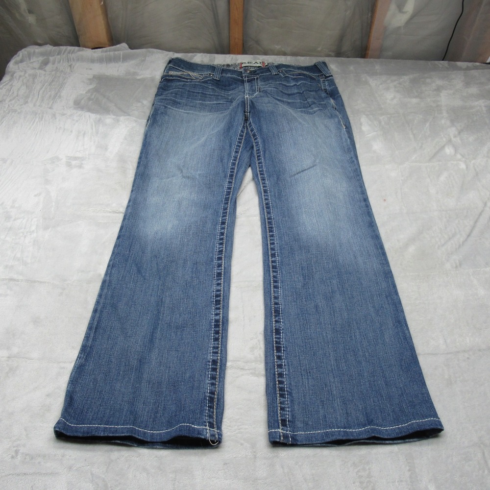 Ariat Baggy Jeans Womens 32s Blue Denim Straight Mid Rise Fade Western Whisker